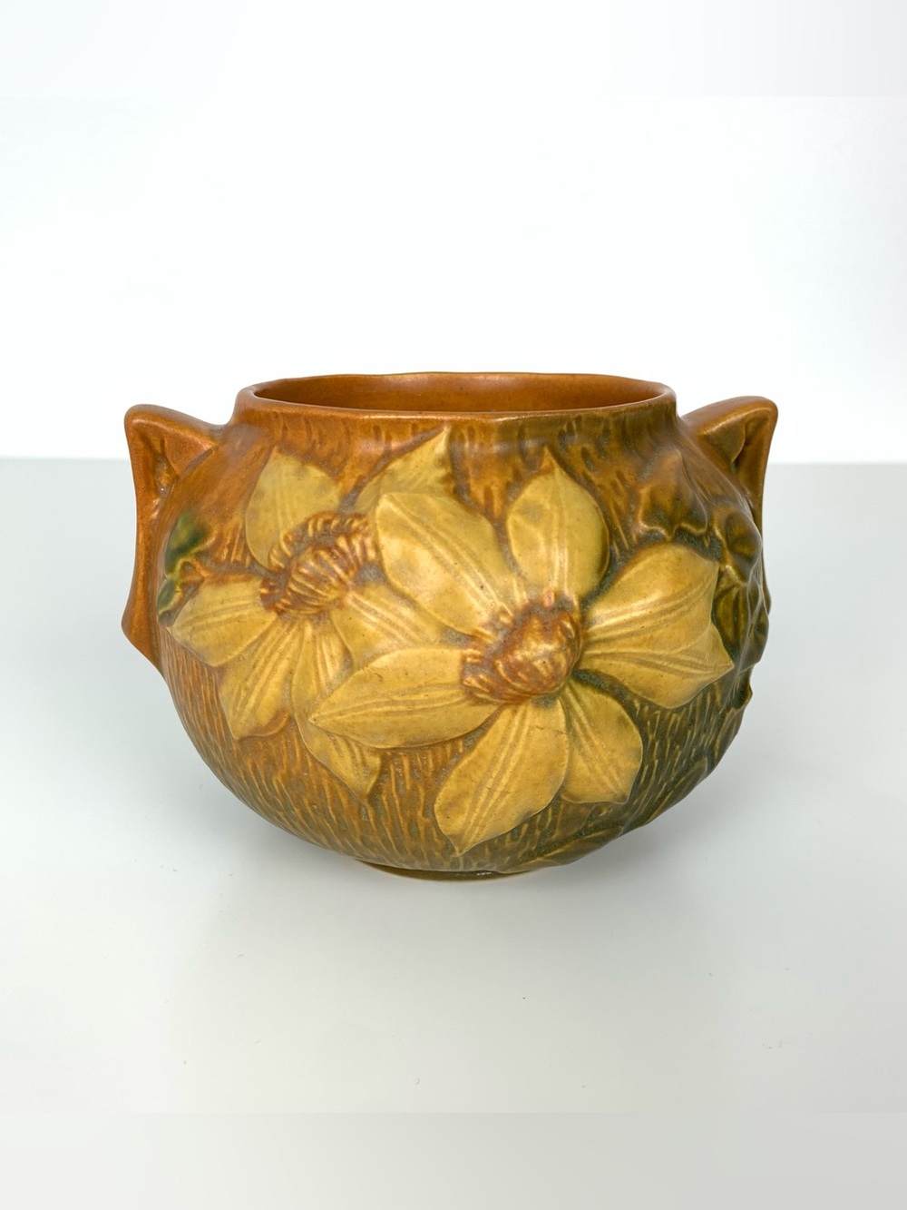 Roseville Clematis Squat Vase Handle Brown Autumn Vtg USA Floral Flower Magnolia